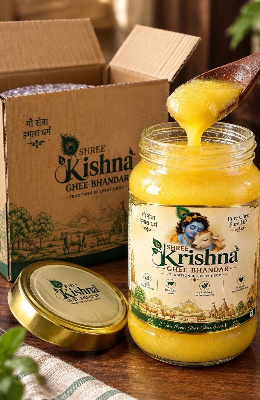 Ghee being lifted from an open jar with a wooden spoon, beside the packed Shree Krishna box