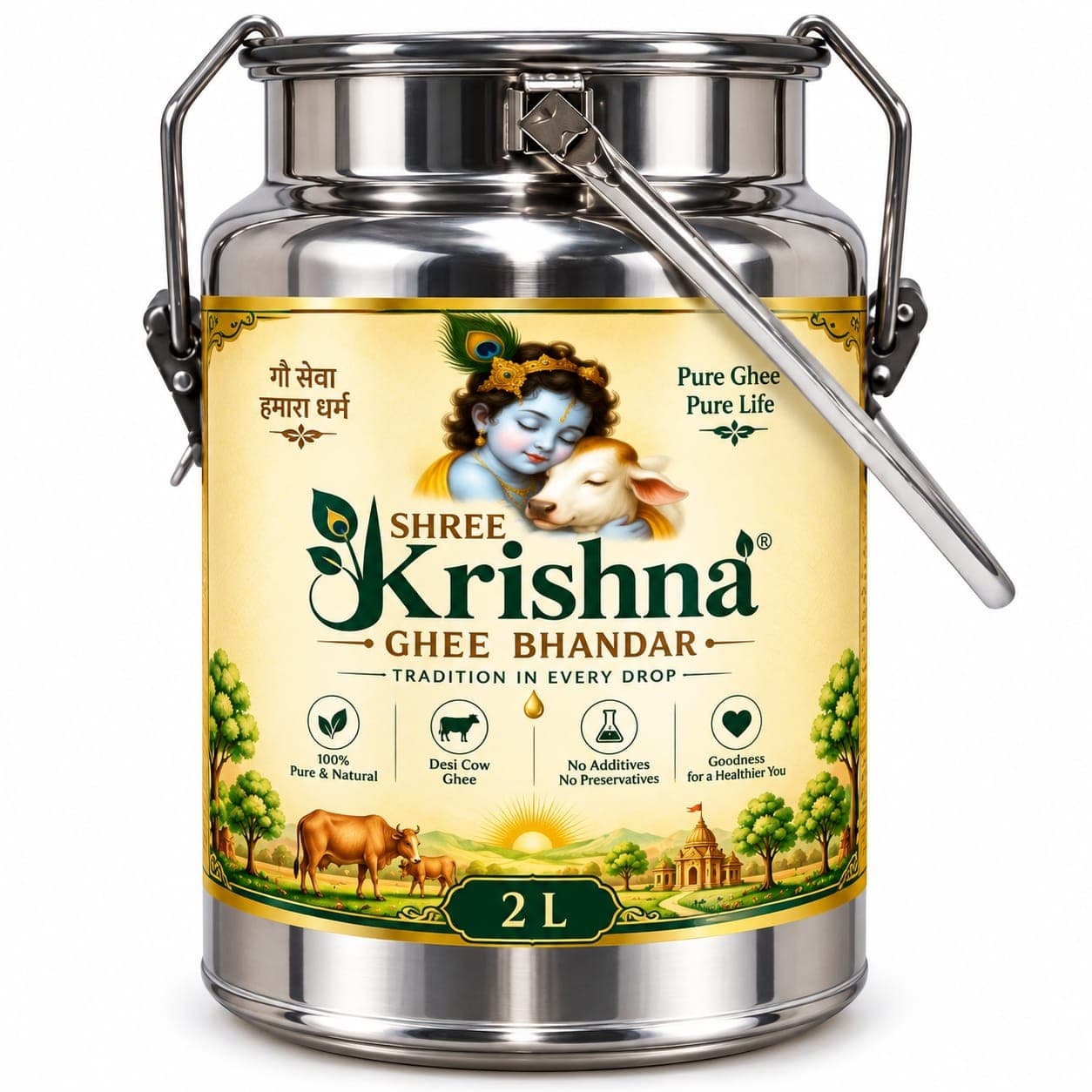 Shree Krishna ghee in a stainless-steel tin